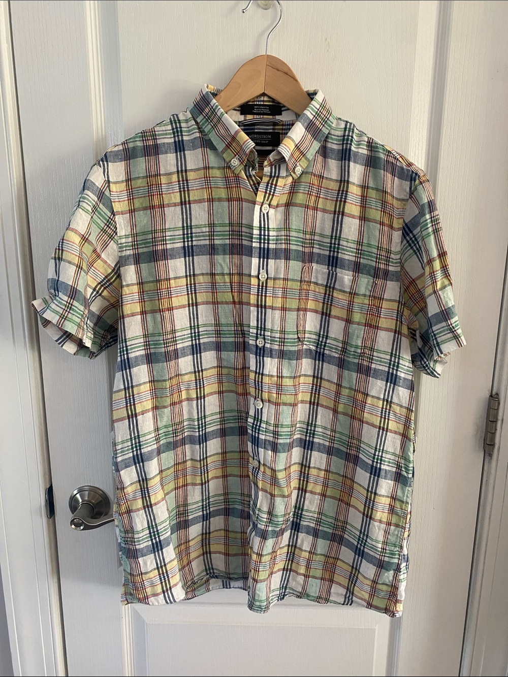 Nordstrom linen trim fit  Short-Sleeve Plaid Button-Down Shirt - Multi
